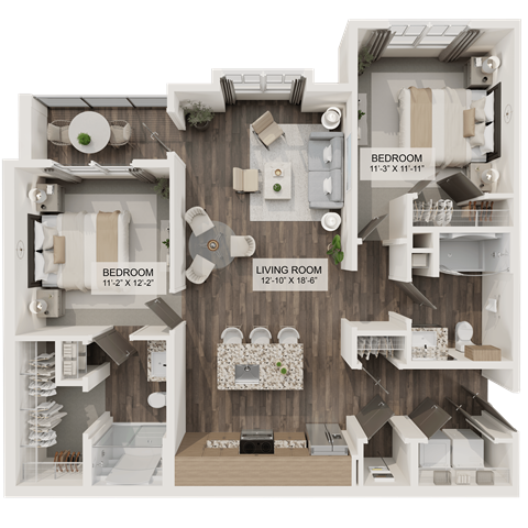Floor plan for 2 beds, 2 baths, 1067 sqft
